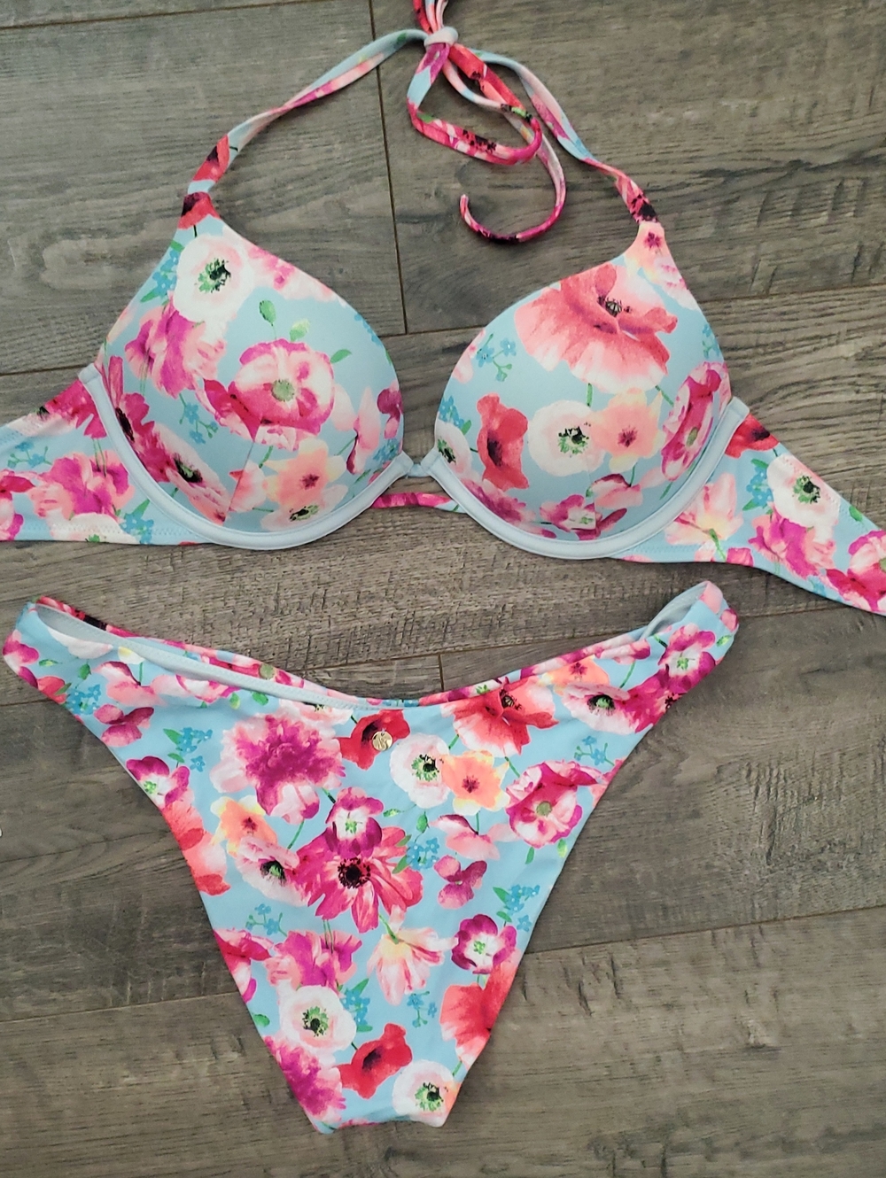 Victoria's Secret Light Blue Floral Bikini - Pink, Red, Green Accents